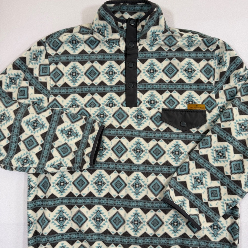 Simply Southern Mens Large Blue Southwestern Geometric Snap Fleece Pullover